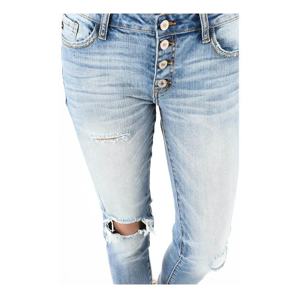 Women's Button-Up Distressed Skinny Light Jeans